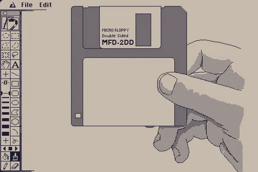 Drawing of a floppy disk held in a hand, with “Micro Floppy Double Sided MFD-2DD” written on the protector, with widgets from Superpaint to the left.
